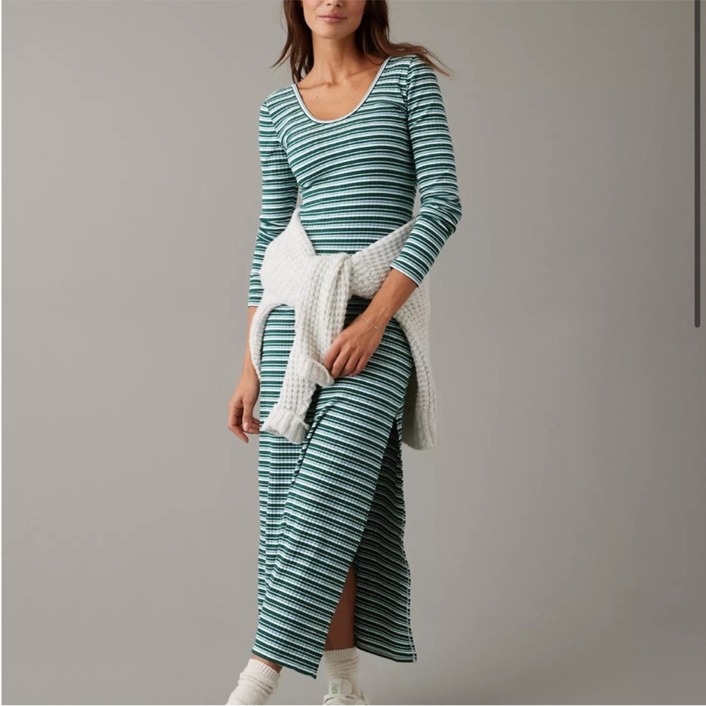 American Eagle Outfitters Teal and White Striped Long Sleeve Dress